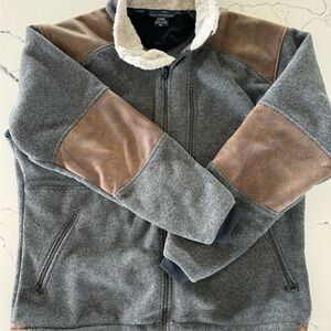 Kuhl Gray and Brown Zip Up Sweater with Suede Patches